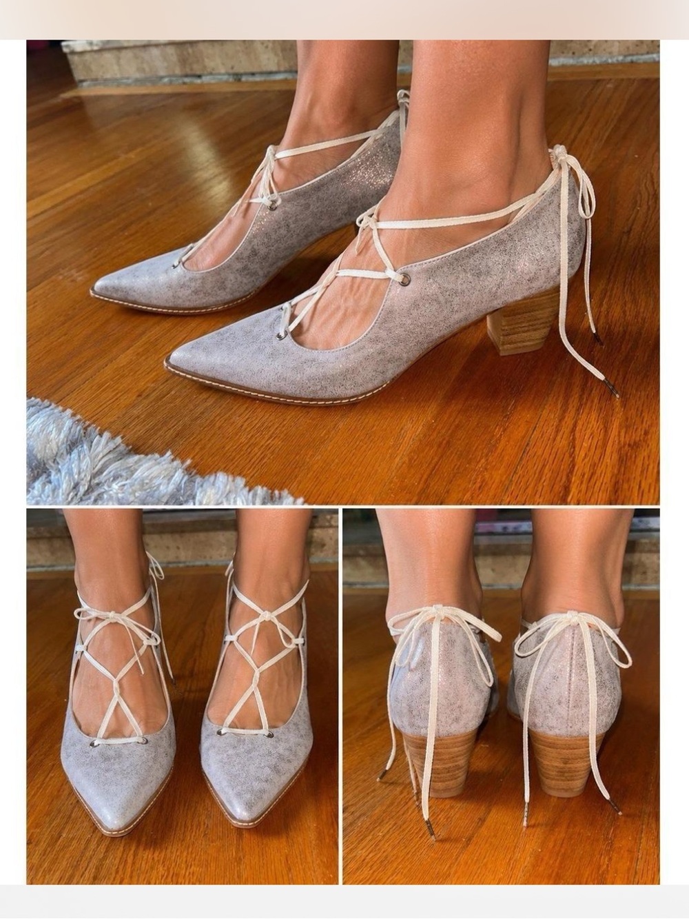 Sundance Odell beige suede lace-up heels with a pointed toe and ankle ties